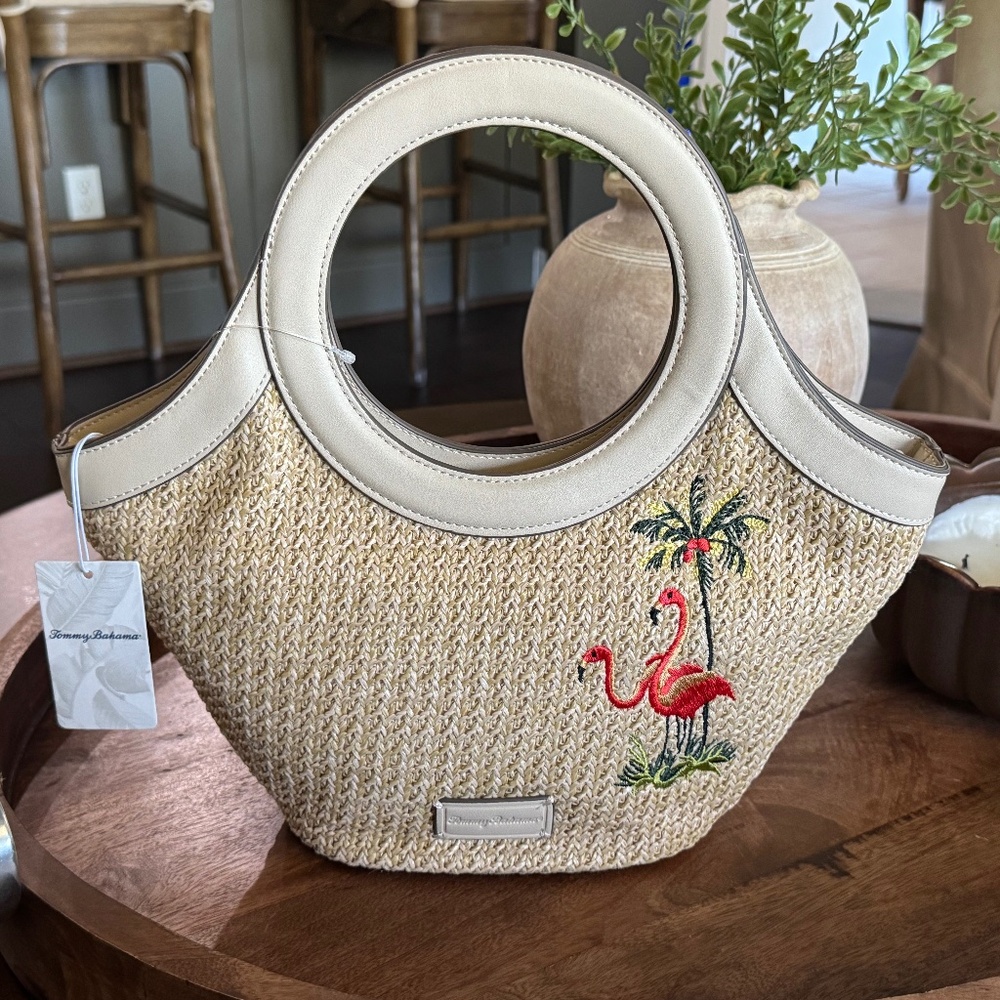 Brand New Flamingo Embroidered Woven Tote Bag